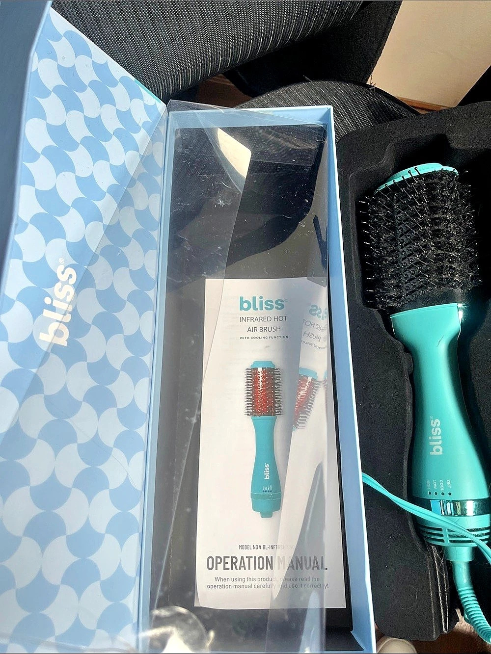 bliss Infrared Ion Air Brush Turquoise & Black blowout hair dryer in box